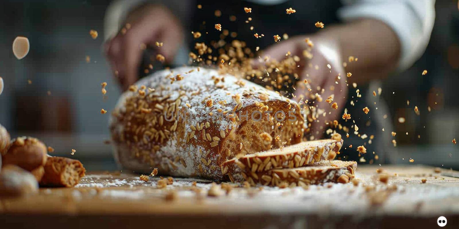 A loaf of bread is being delicately sprinkled with powdered sugar, adding a touch of sweetness and elegance to the baked goods.