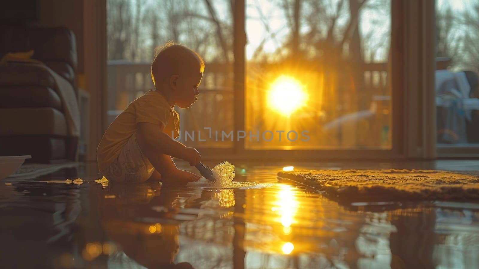 A young child sits peacefully on the floor, bathed in the soft morning light streaming through a window.