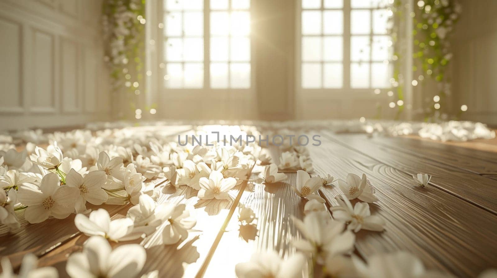 Delicate white flowers grace a wooden floor, casting a serene and elegant presence in a pristine white room by but_photo