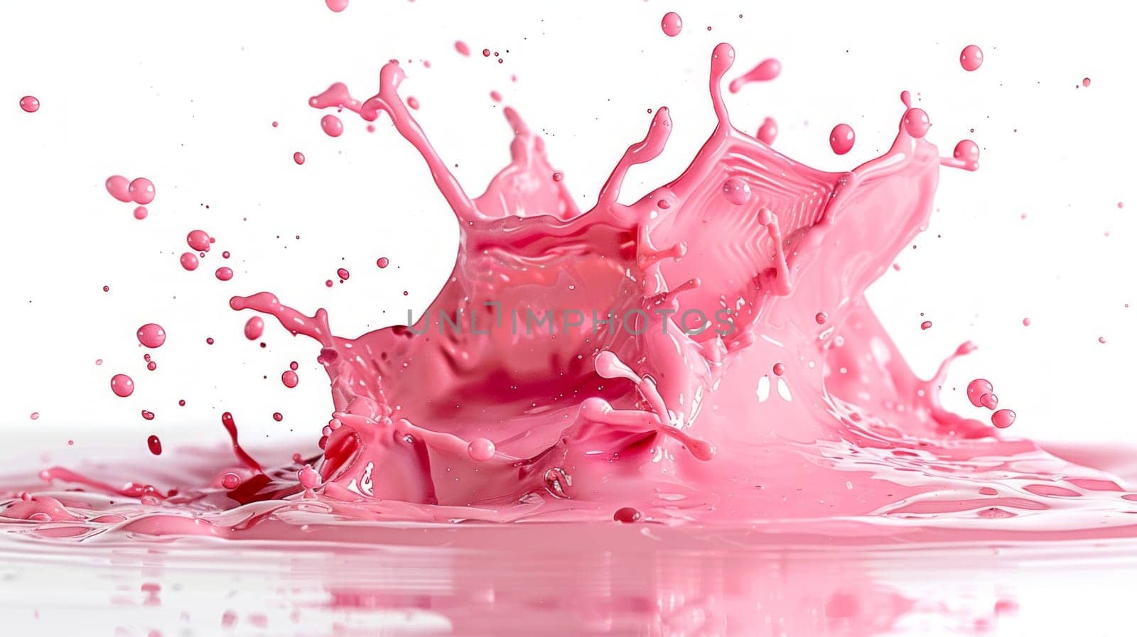 A vibrant pink liquid bursts into the water, creating mesmerizing splashes and ripples in every direction by but_photo