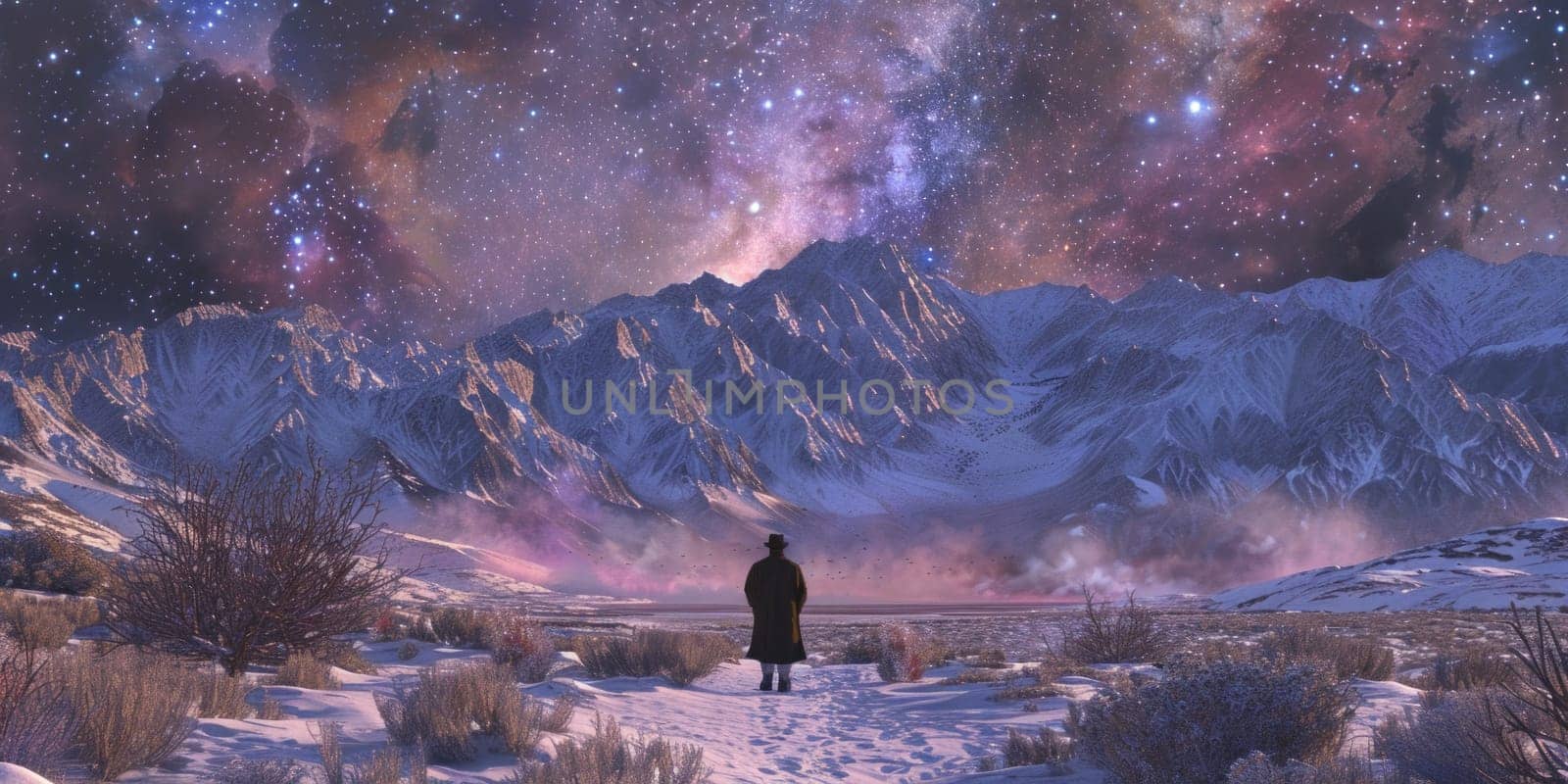 A solitary figure stands in the snow, gazing up at the starry night sky with a sense of wonder and contemplation.