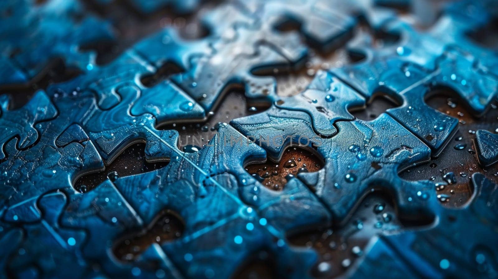 A close up of a puzzle piece adorned with delicate water droplets, creating a mesmerizing and surreal effect by but_photo