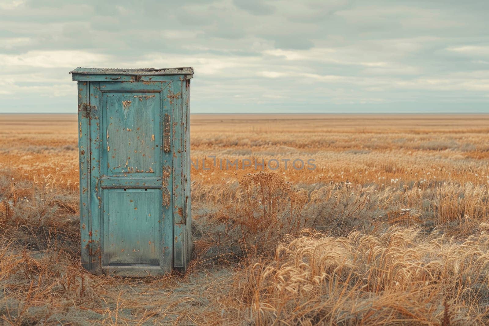 An aged outhouse stands isolated in a vast wheat field, bearing witness to years gone by in rural Russia.