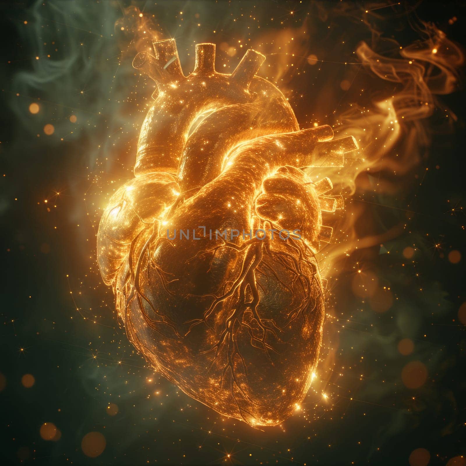 A heart engulfed in flames against a black background, radiating warmth and passion.