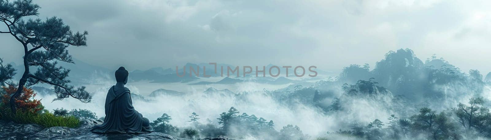 Giant Buddha Statue Overlooking a Misty Landscape, The majestic figure merges with the fog, a sentinel of peace and enlightenment.