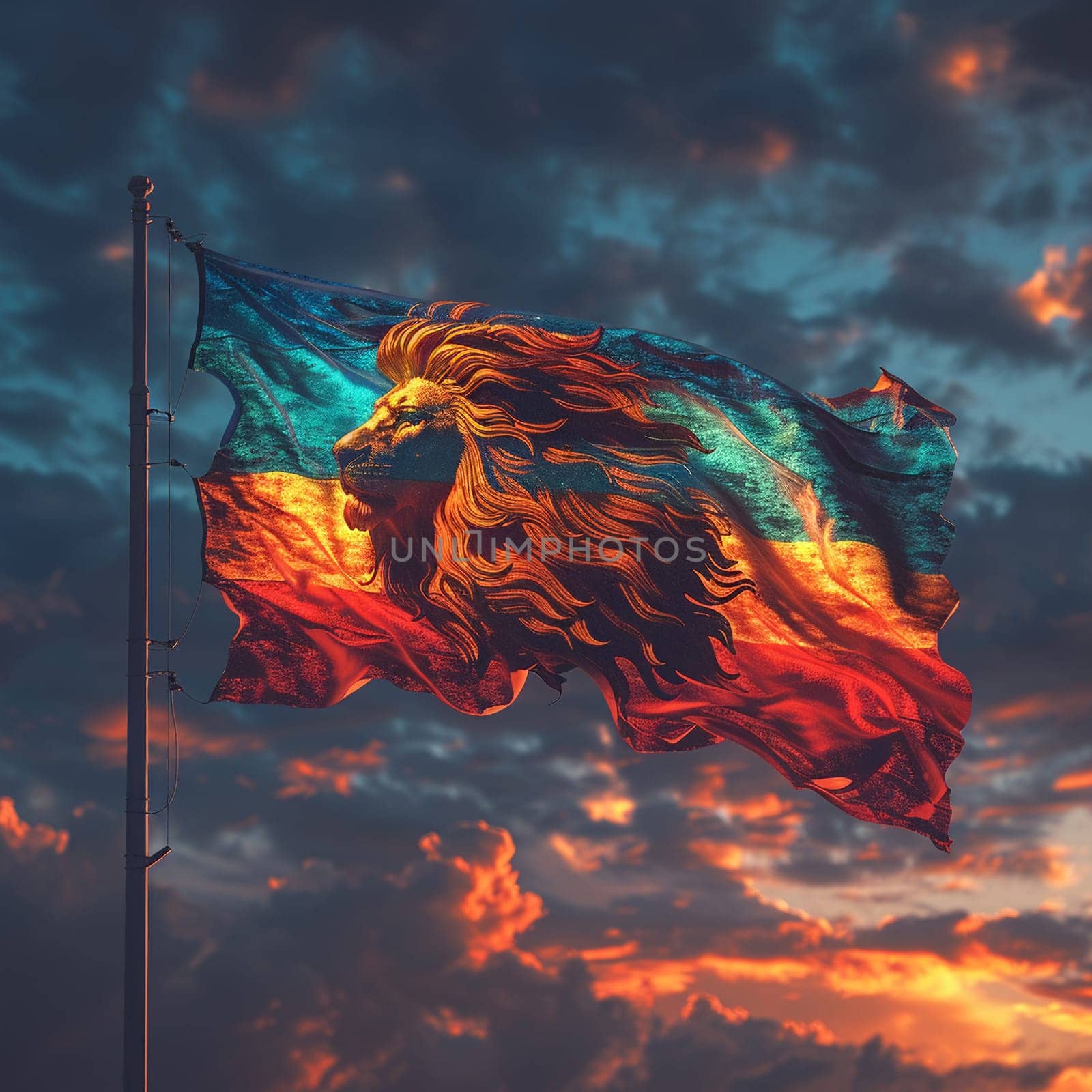 Rasta Lion of Judah Flag Fluttering in a Soft Breeze The flags colors blur by Benzoix