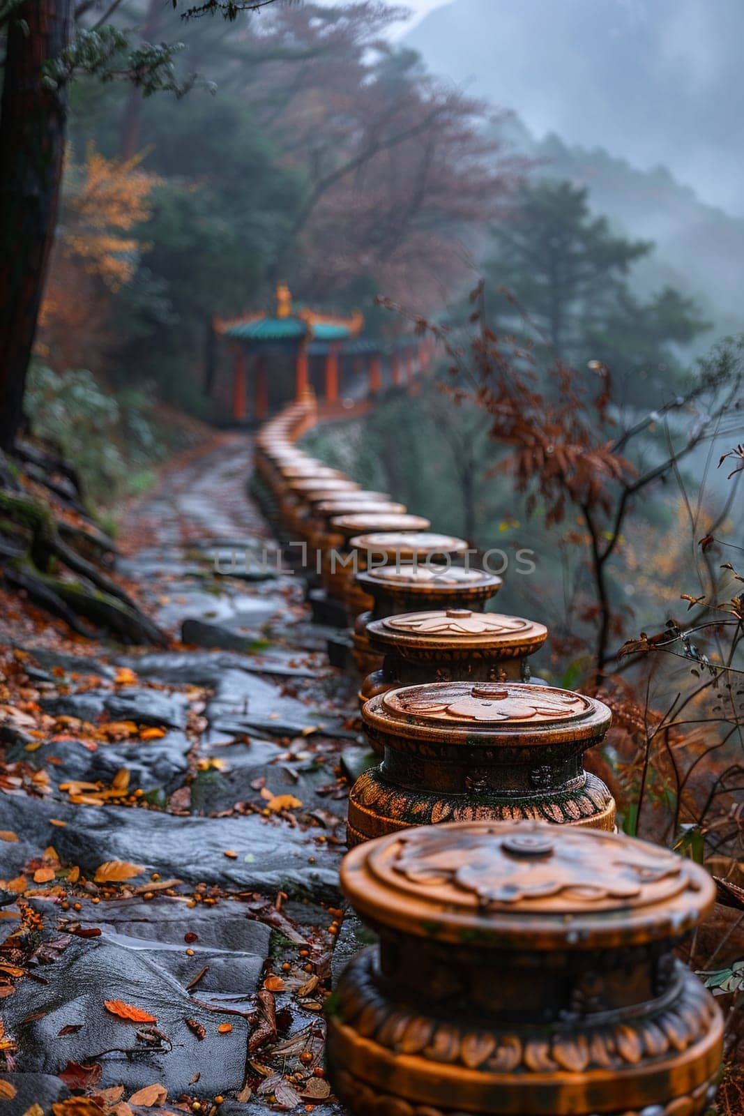 Buddhist Prayer Wheels Spinning Alongside a Mountain Path by Benzoix