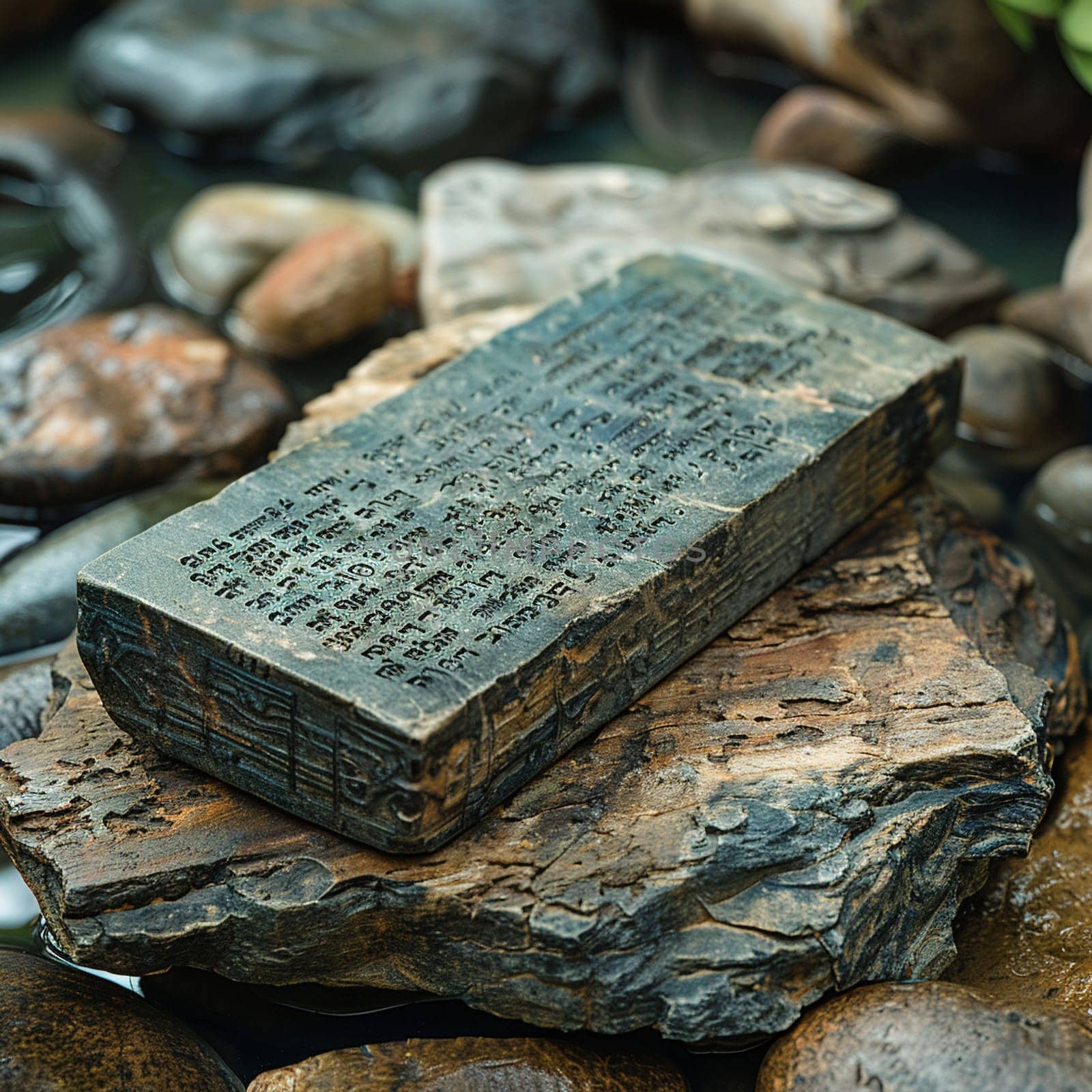 Ancient Stone Tablets Engraved with Sacred Texts, Weathered inscriptions blur into a testament of religious history and beliefs.