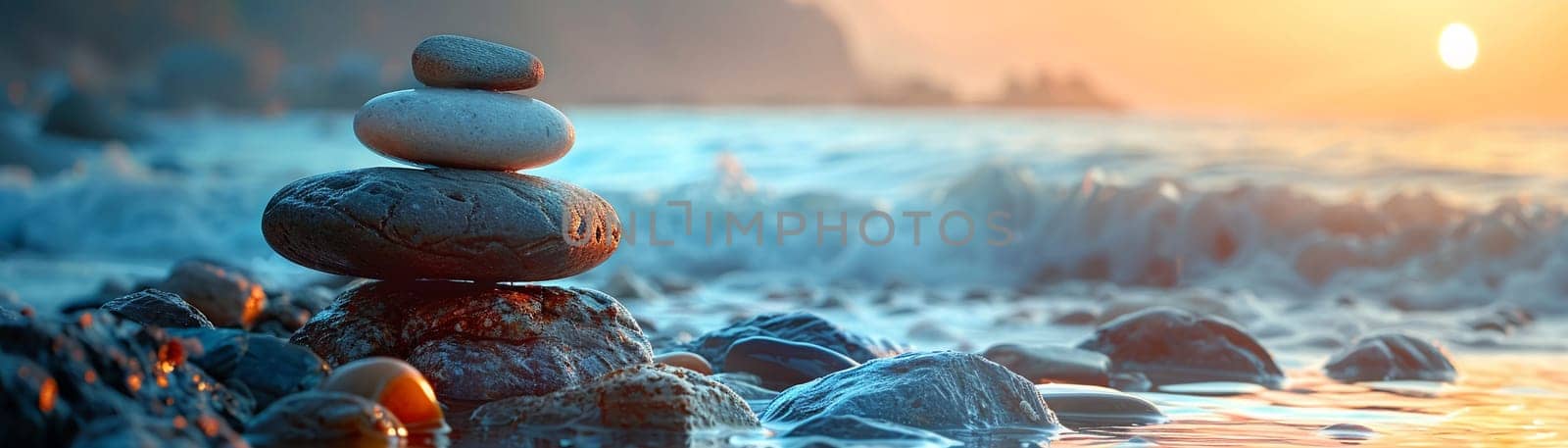 Zen Stones Stacked in Balanced Harmony, The stones blur into one another, creating a tranquil symbol of simplicity and meditation.