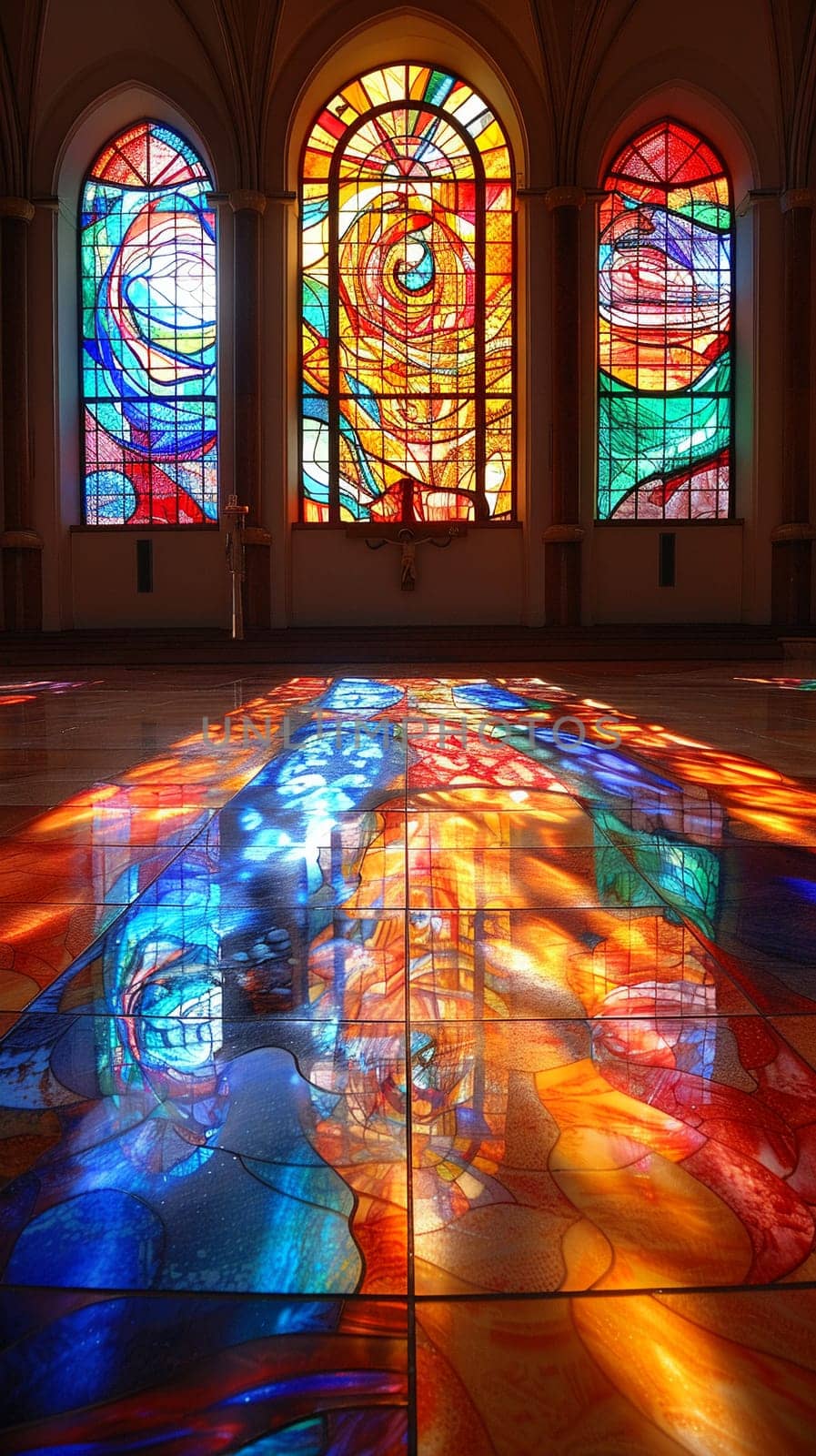 Stained Glass Window Casting Colored Light on a Church Floor, The vibrant hues blend and blur, telling biblical stories in light.