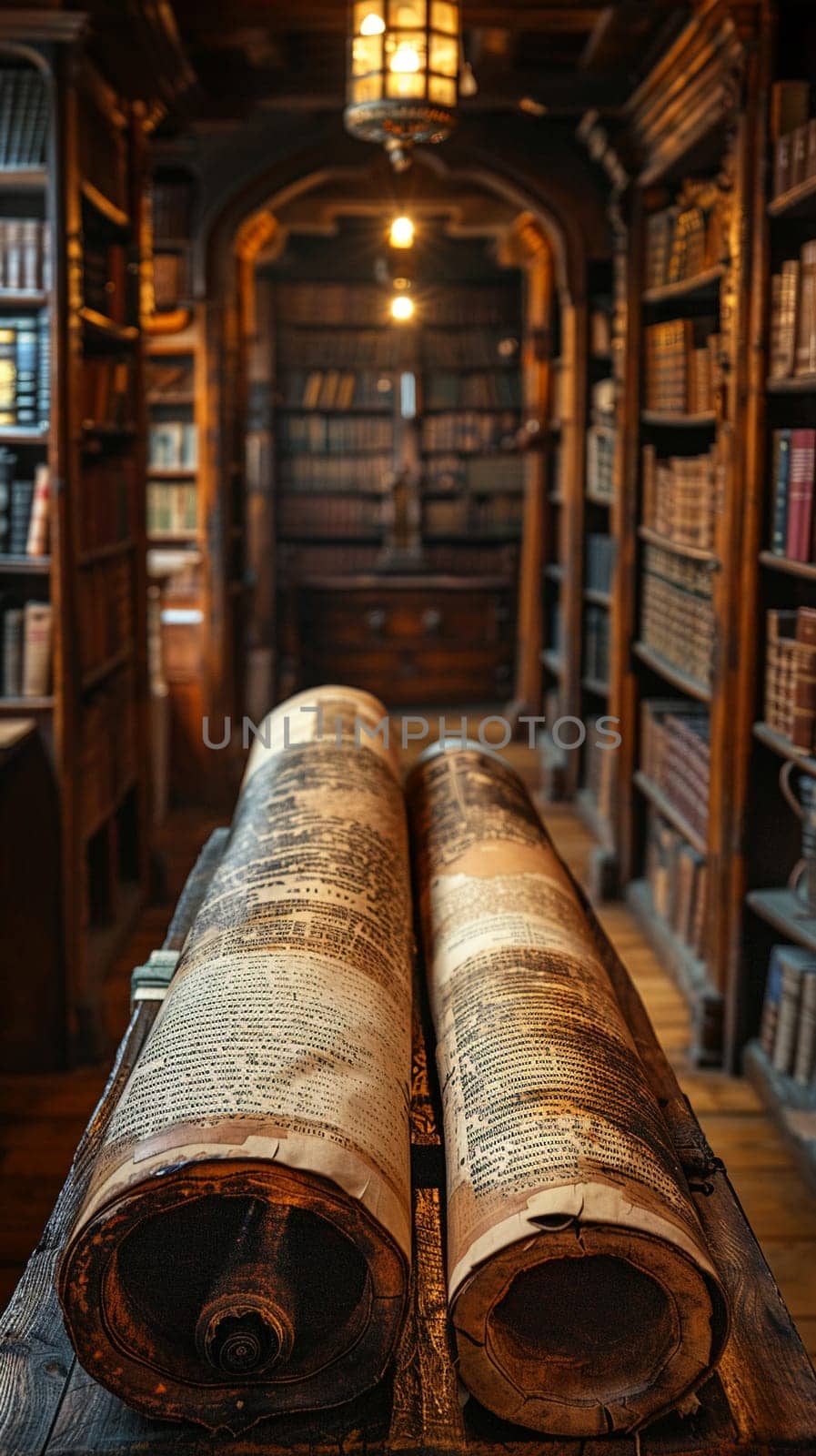 Torah Scrolls Safely Housed in a Softly Lit Ark, The sacred text blurs slightly, emphasizing the reverence and tradition it holds.