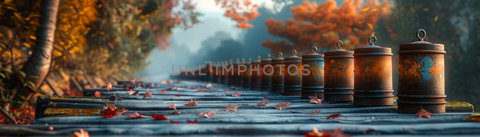 Buddhist Prayer Wheels Spinning Alongside a Mountain Path, The motion blur suggests the ongoing prayers and spirituality of the faithful.