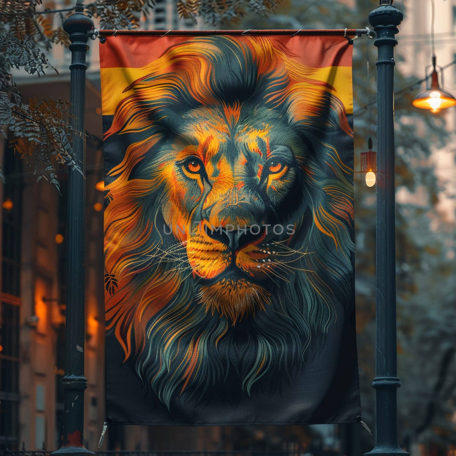 Rasta Lion of Judah Flag Fluttering in a Soft Breeze, The flag's colors blur, symbolizing the Rastafarian movement and Ethiopian roots.