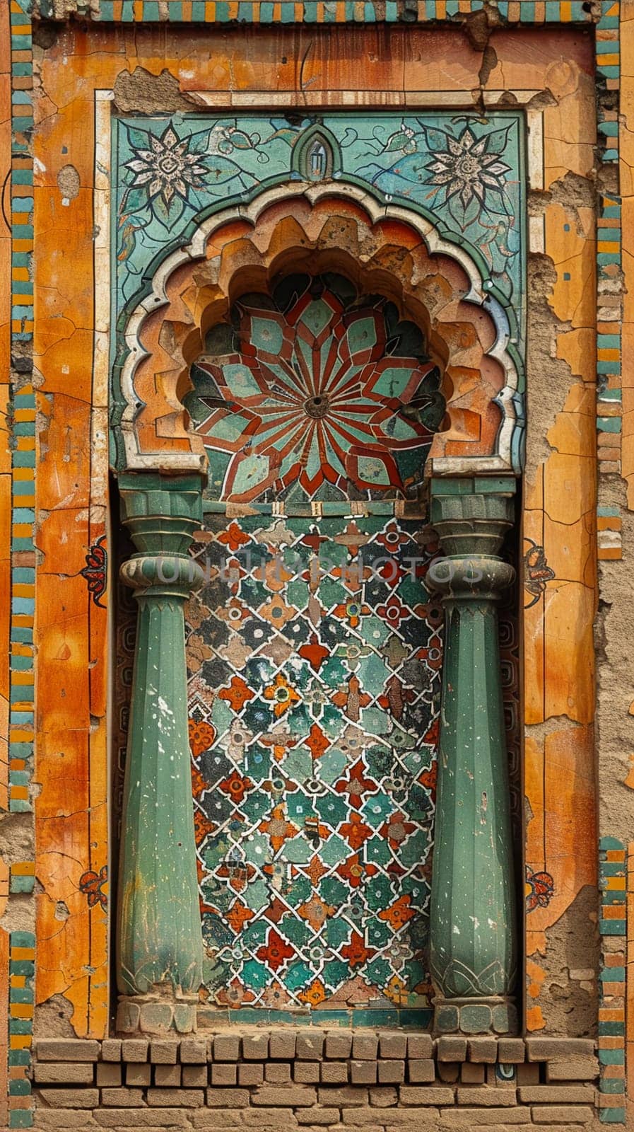 Islamic Geometric Patterns Cascading Across a Mosque Wall, The complex designs blend into a testament to creativity and divine inspiration.