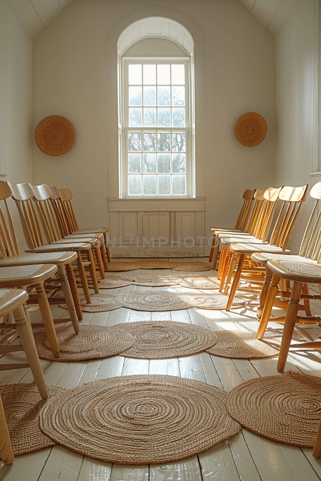 Quaker Simplicity in a Plain Meeting Room, The room's sparse furnishings blur into a space of peace and silent reflection.