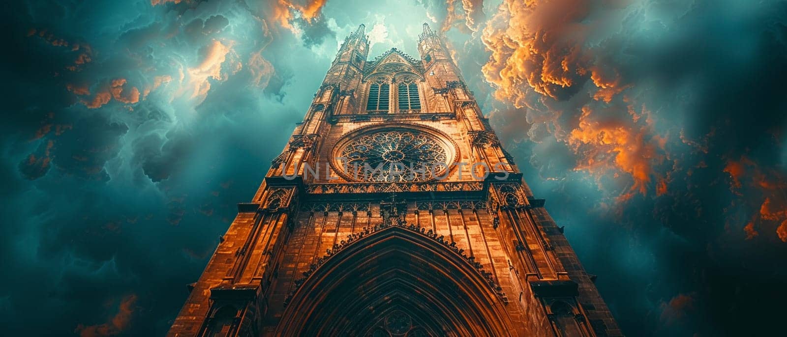 Gothic Church Spire Reaching Upward into a Cloudy Sky, The spire blurs into the heavens, a Gothic symbol of aspiration and belief.