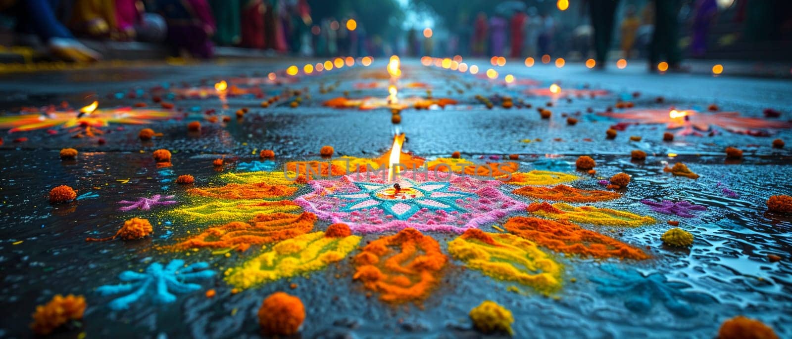 Colorful Hindu Festival Rangoli Blurring into Artistic Devotion, The intricate patterns spread into a vibrant display of culture and prayer.