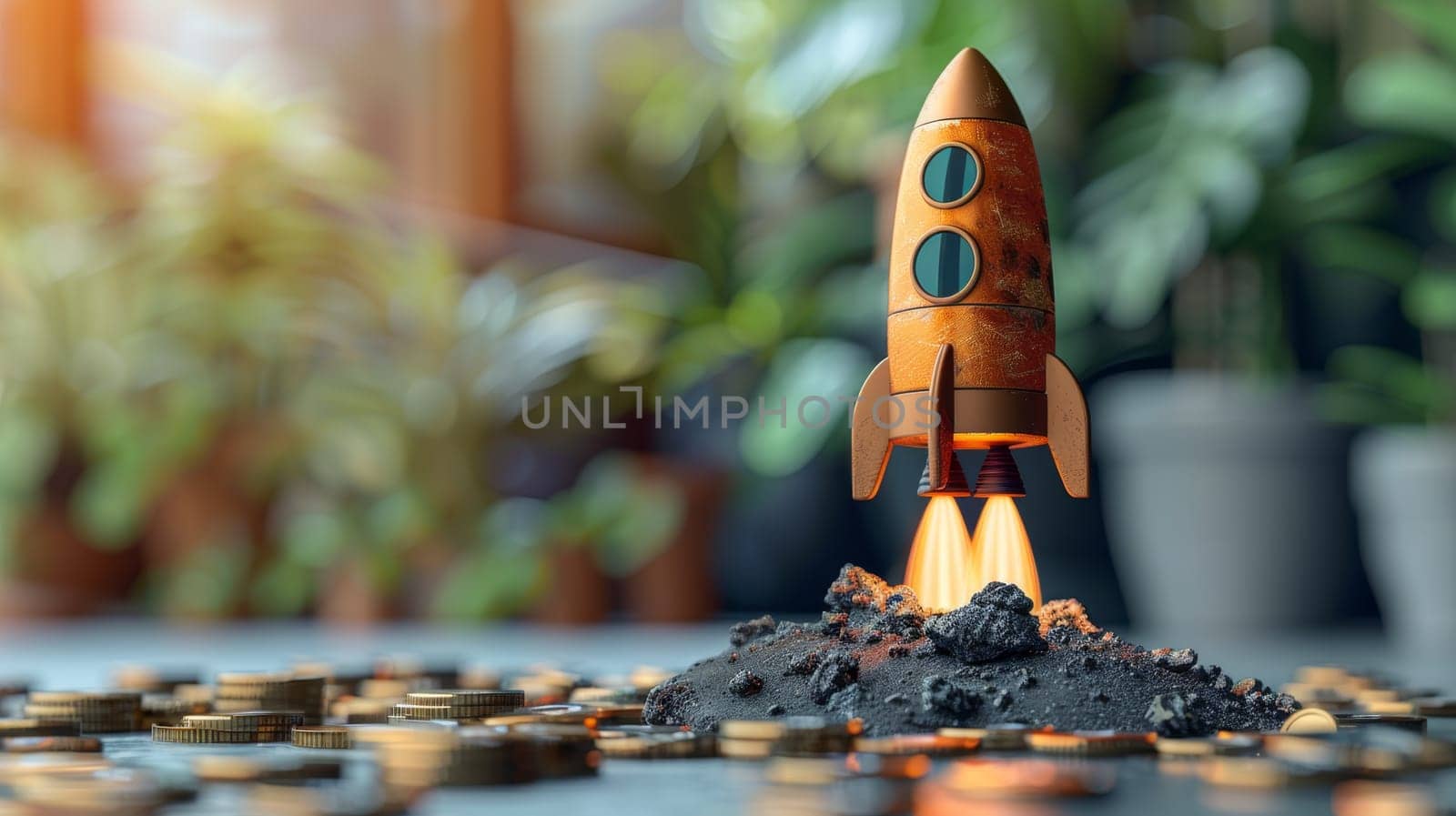 The rocket begins to take off . The concept of financial growth with a rocket taking off.