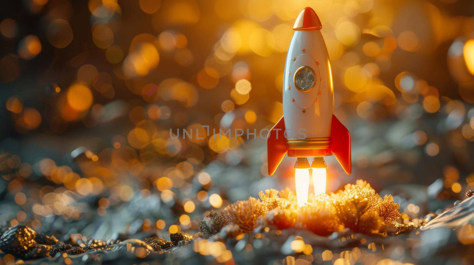 The rocket begins to take off . The concept of financial growth with a rocket taking off.