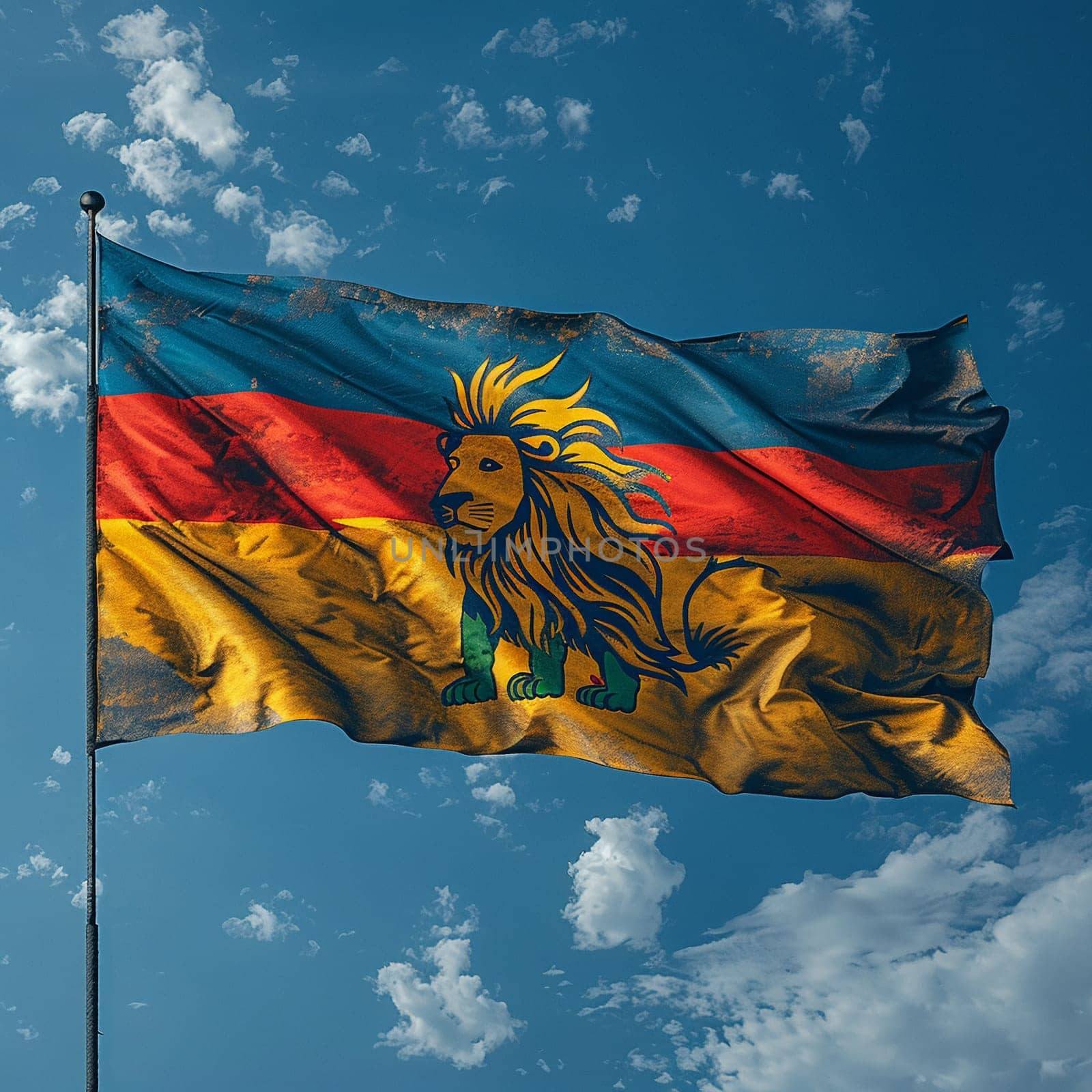 Rasta Lion of Judah Flag Fluttering in a Soft Breeze, The flag's colors blur, symbolizing the Rastafarian movement and Ethiopian roots.