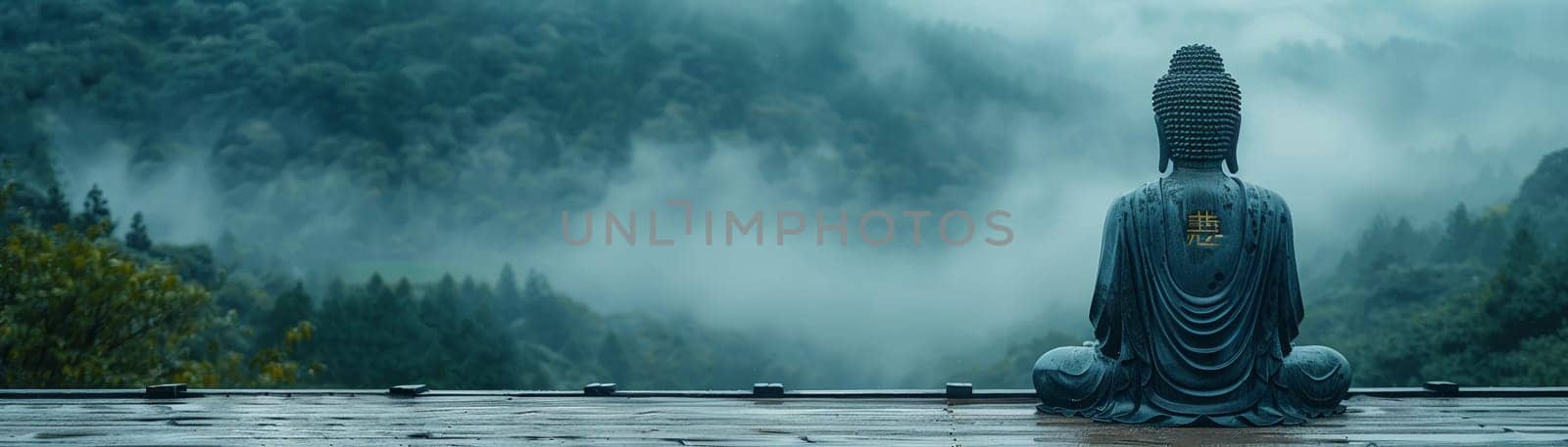 Giant Buddha Statue Overlooking a Misty Landscape, The majestic figure merges with the fog, a sentinel of peace and enlightenment.