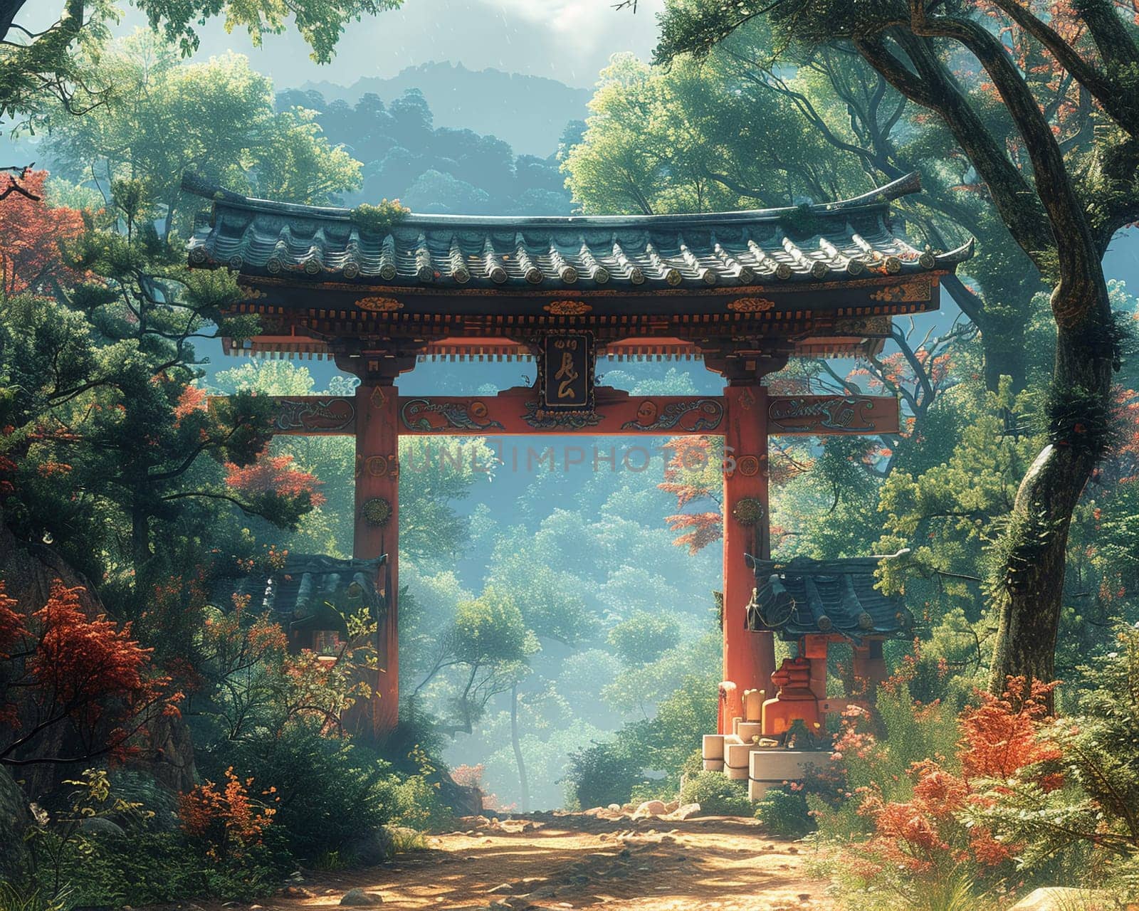 Shinto Shrine Torii Gate Framing a Peaceful Forest, The traditional structure blends with nature, signifying a sacred entrance.