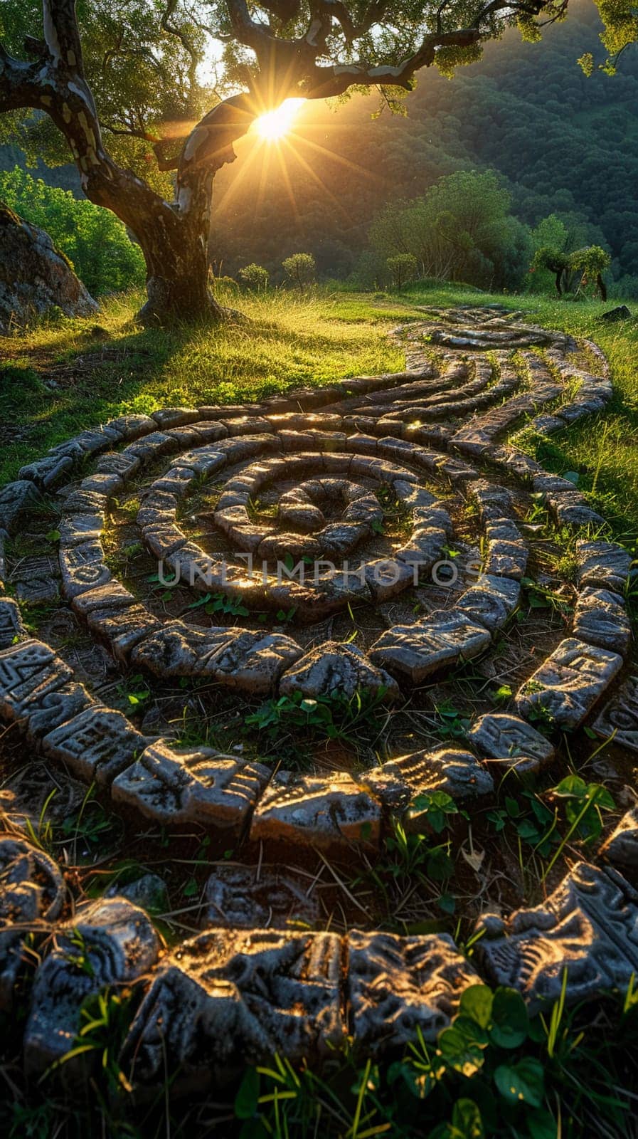 Labyrinth Path for Meditation Weaving Through a Churchyard The journeys pattern blurs into grass by Benzoix