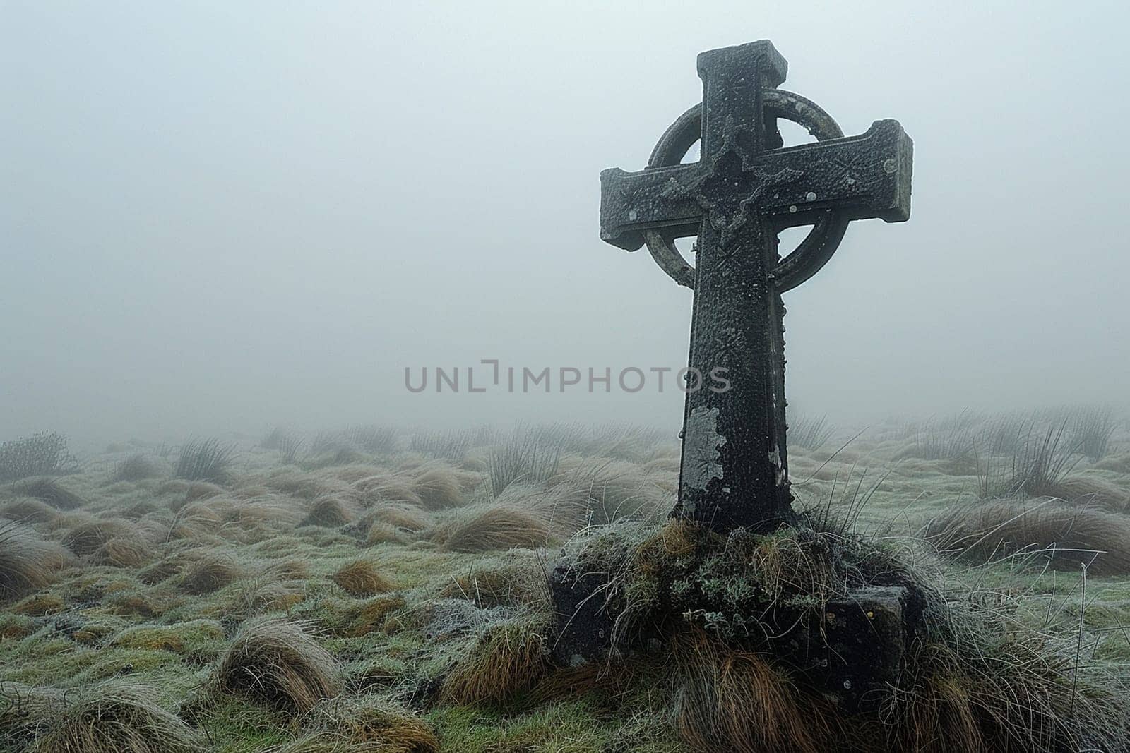 Celtic Cross Standing Solitary in a Misty Field, The cross melds into the morning mist, symbolizing faith and Celtic heritage.
