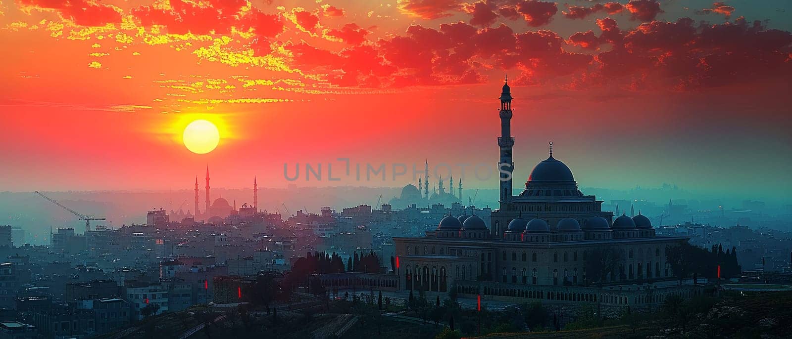 Islamic Minaret Towering Above a Historic City The towers silhouette merges with the sky by Benzoix