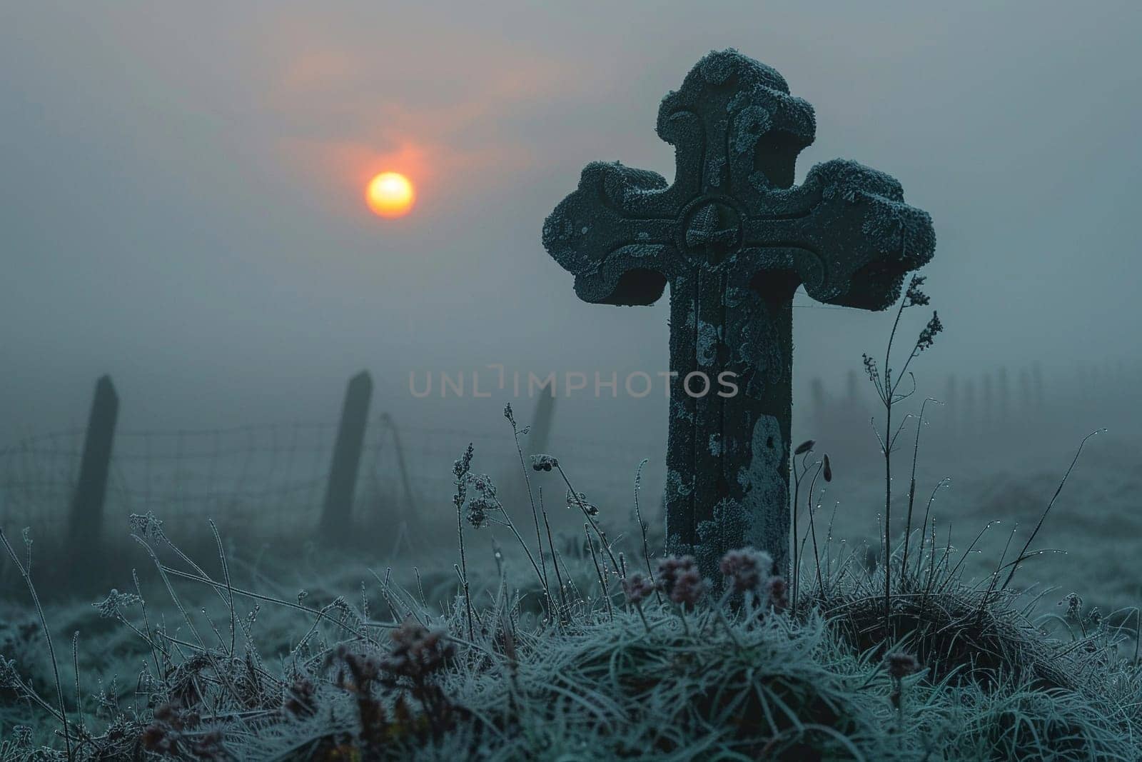 Celtic Cross Standing Solitary in a Misty Field The cross melds into the morning mist by Benzoix