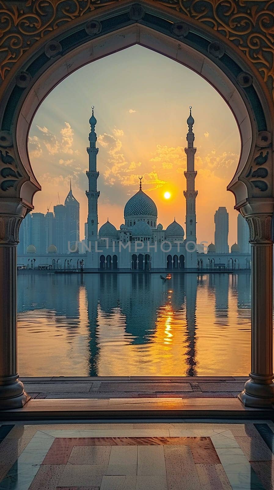 Islamic Architecture with Domes and Arches in Soft Focus, The contours blur into a skyline, symbolizing the beauty and intricacy of Islamic design.