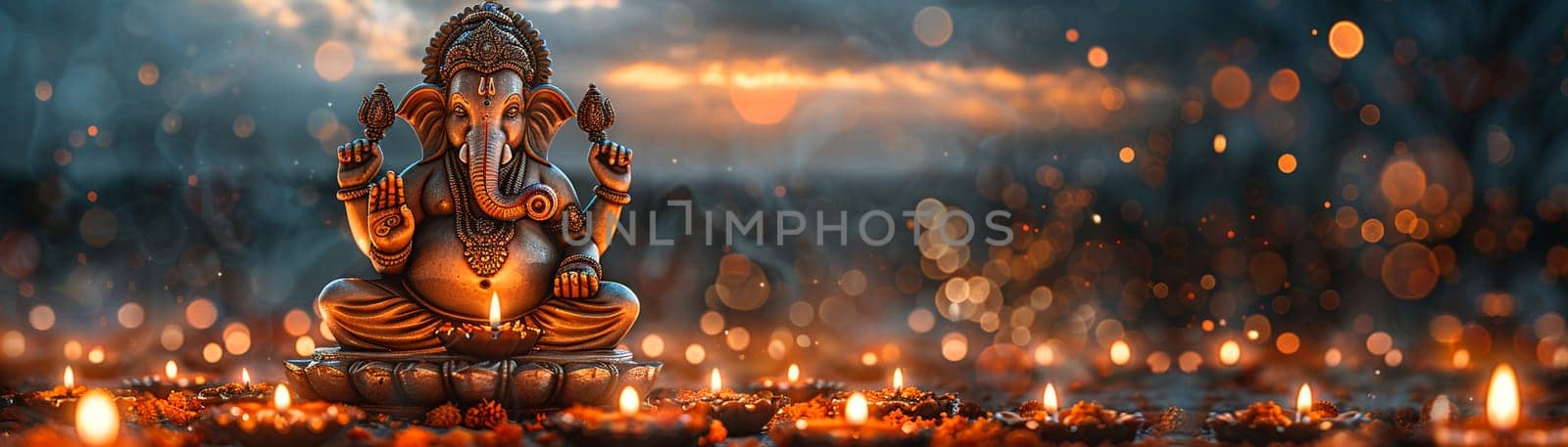 Ganesha Idol Serenely Sitting Among Diwali Lights, The blurred glow of lamps creates an atmosphere of celebration and worship.