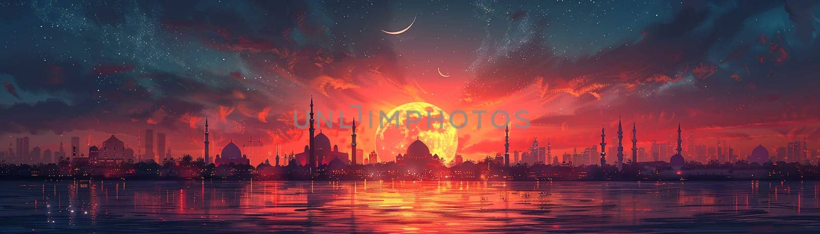 Islamic Crescent Moon Rising Over a Quiet Mosque The celestial symbol blends into the twilight by Benzoix