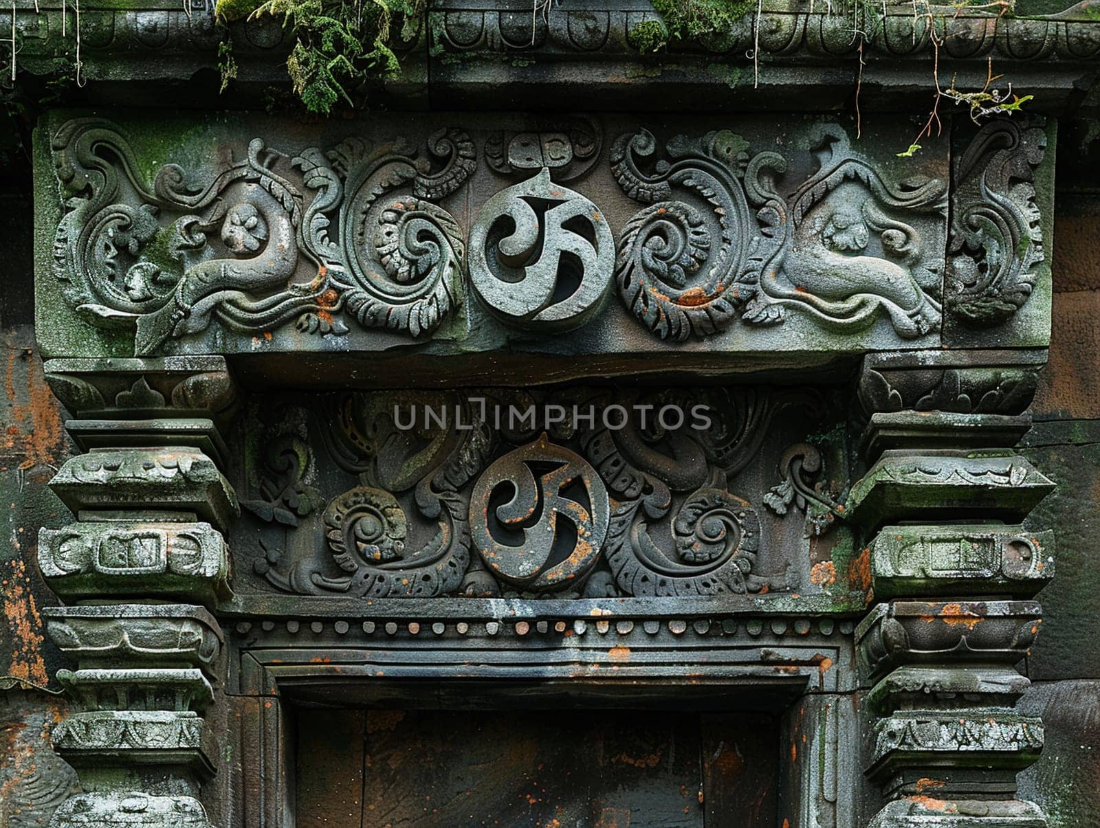 Hindu Om Symbol Adorning a Temple Entrance The sacred sounds representation blends into the structure by Benzoix