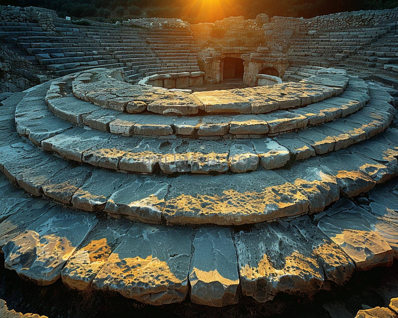 Greek Amphitheater Echoing Ancient Philosophical Debates, The stone tiers blur into a historical venue for thought and discourse.