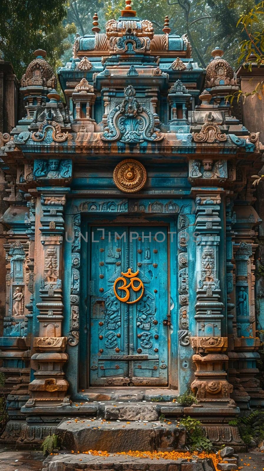 Hindu Om Symbol Adorning a Temple Entrance The sacred sounds representation blends into the structure by Benzoix