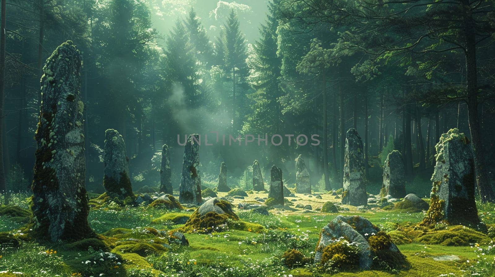 Druidic Circles Standing Silent in a Forest Clearing, The stones blur into a sacred space, rooted in nature and the old ways.