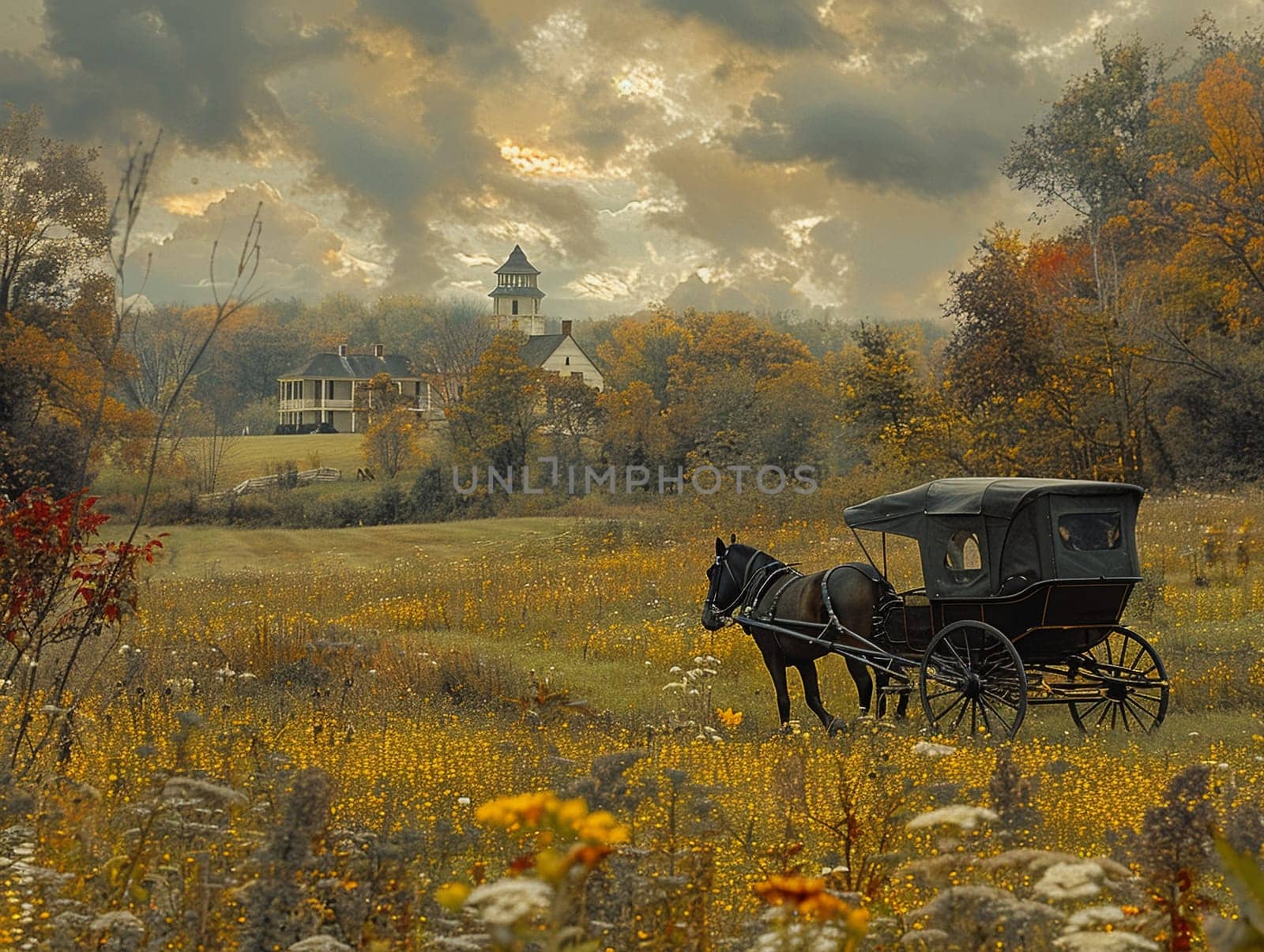 Amish Horse and Buggy Blending into a Rural Landscape, The simple life blurs into the fields, a dedication to community and tradition.