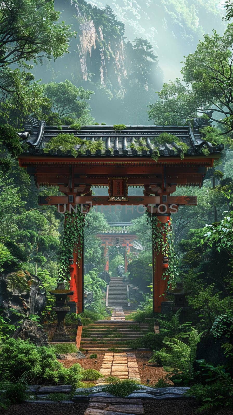 Shinto Shrine Torii Gate Framing a Peaceful Forest, The traditional structure blends with nature, signifying a sacred entrance.