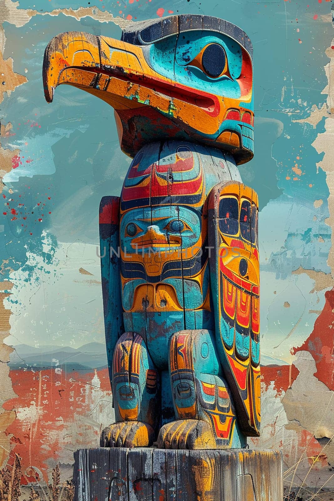 Native American Totem Pole Telling Stories in Faded Colors, The historical narrative merges with the sky, telling tales of spirituality and life.