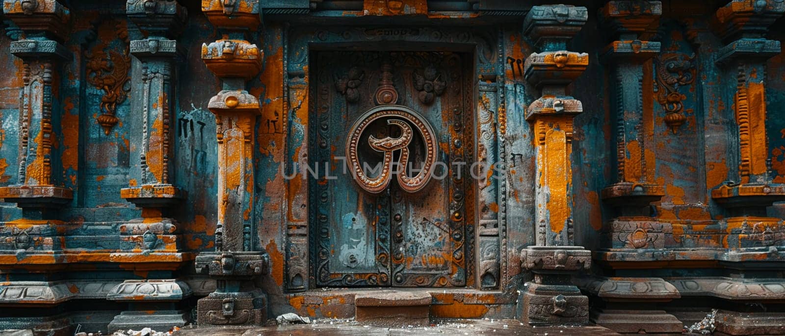 Hindu Om Symbol Adorning a Temple Entrance The sacred sounds representation blends into the structure by Benzoix