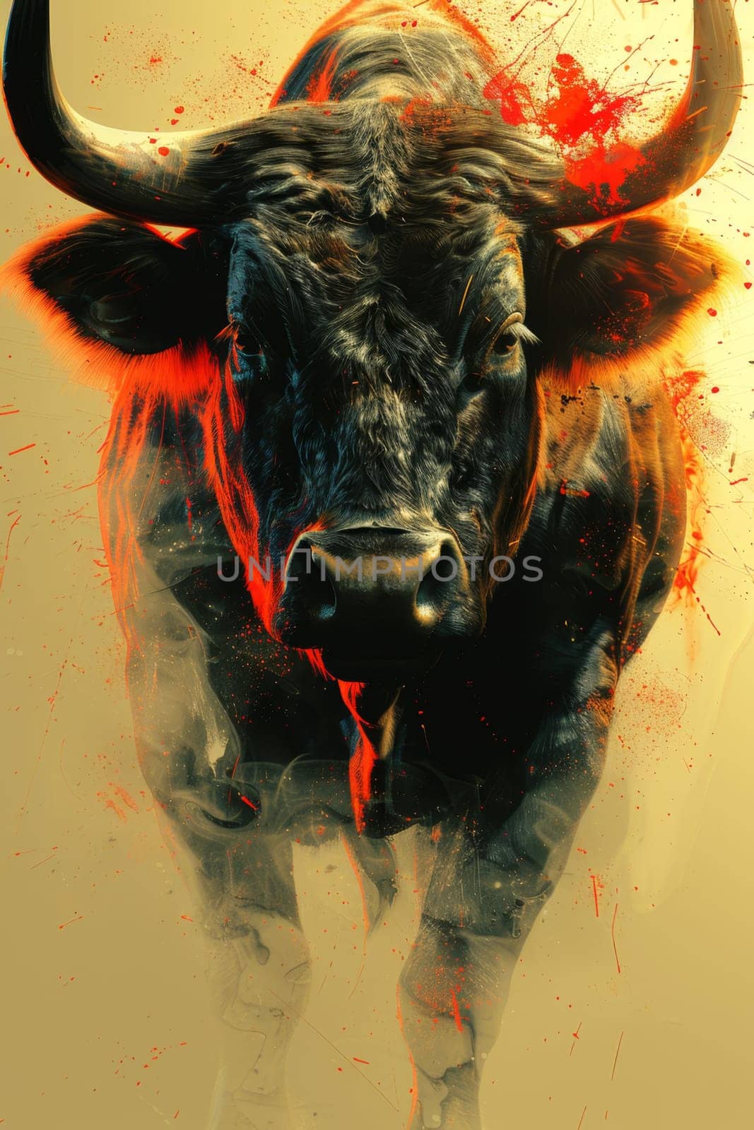 An angry bull on an abstract colorful background. Illustration by Lobachad