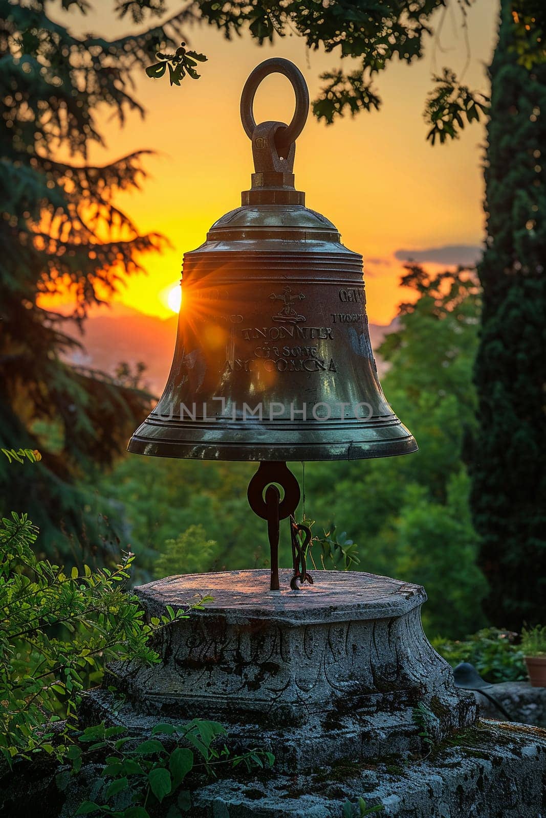 Brass Church Bell Silhouetted Against the Sunset The bell merges with the dusk by Benzoix