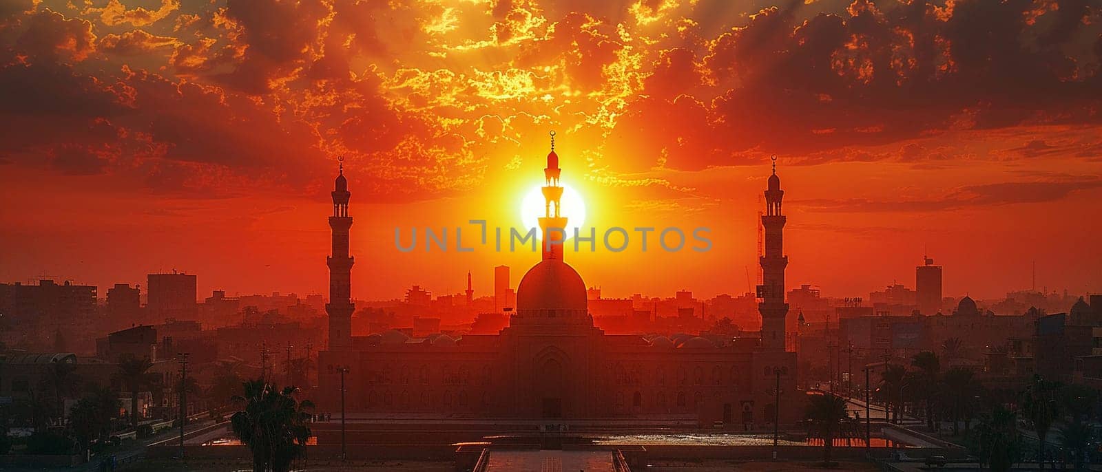 Islamic Minaret Towering Above a Historic City, The tower's silhouette merges with the sky, calling the faithful to prayer.