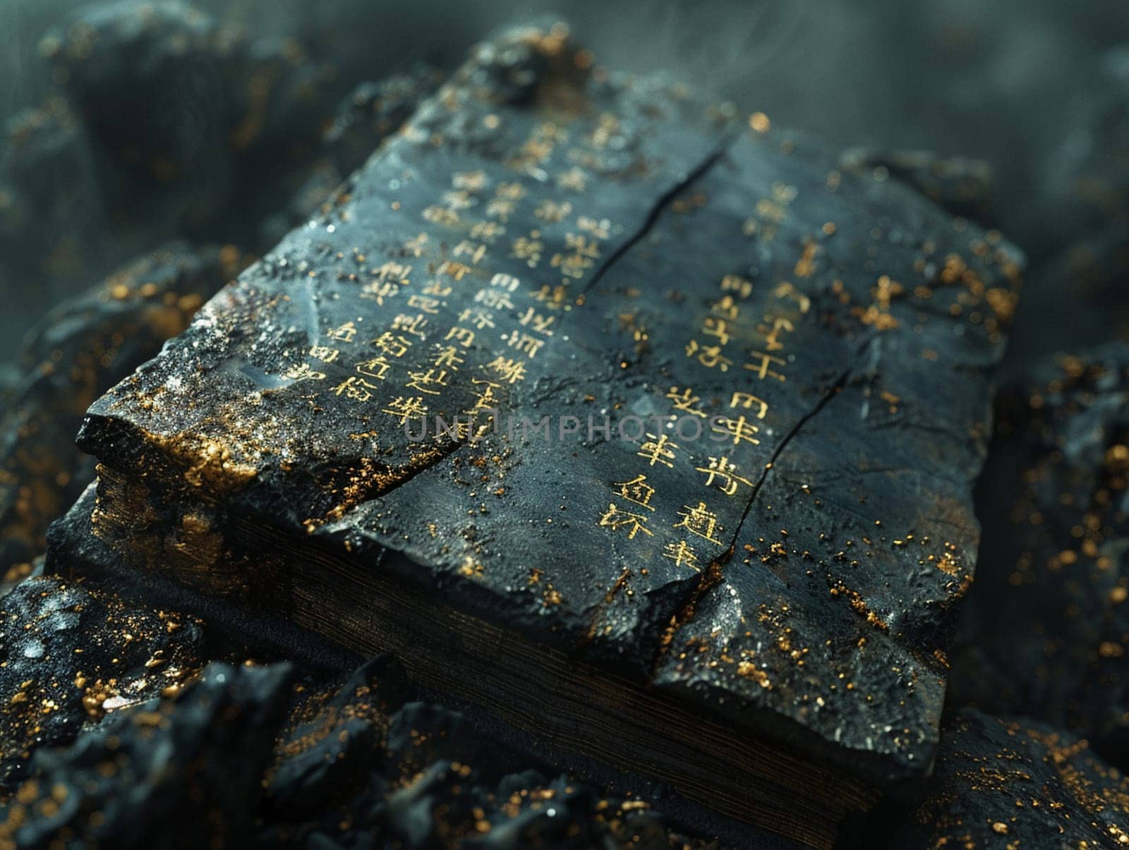 Ancient Stone Tablets Engraved with Sacred Texts, Weathered inscriptions blur into a testament of religious history and beliefs.