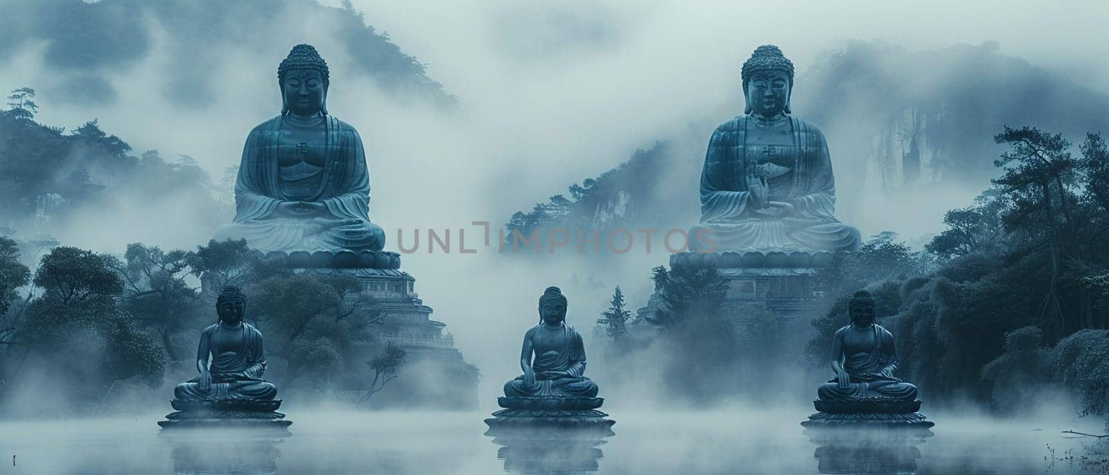 Bodhisattva Statues in Misty Mountain Temples The figures blur into the mist by Benzoix