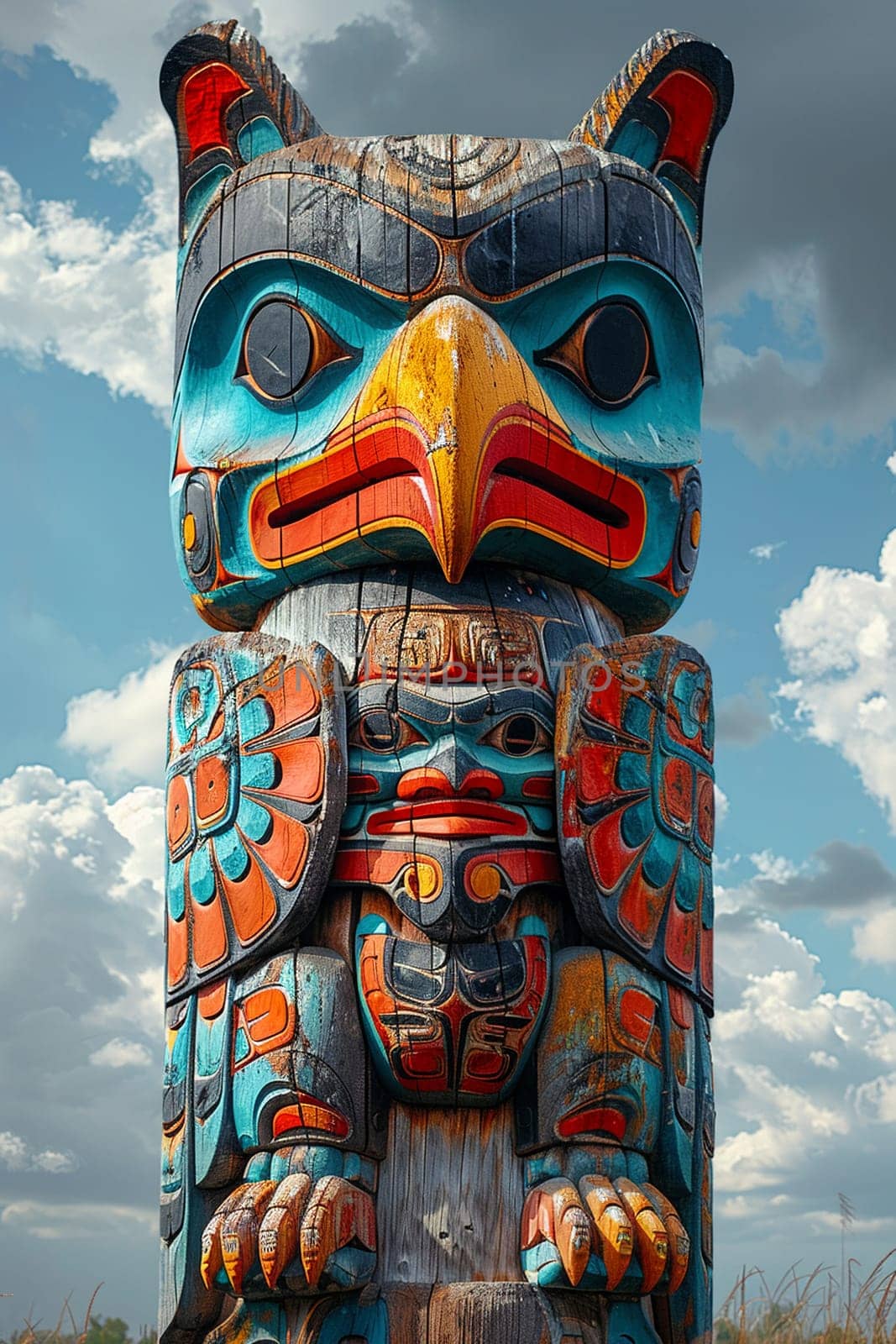 Native American Totem Pole Telling Stories in Faded Colors, The historical narrative merges with the sky, telling tales of spirituality and life.