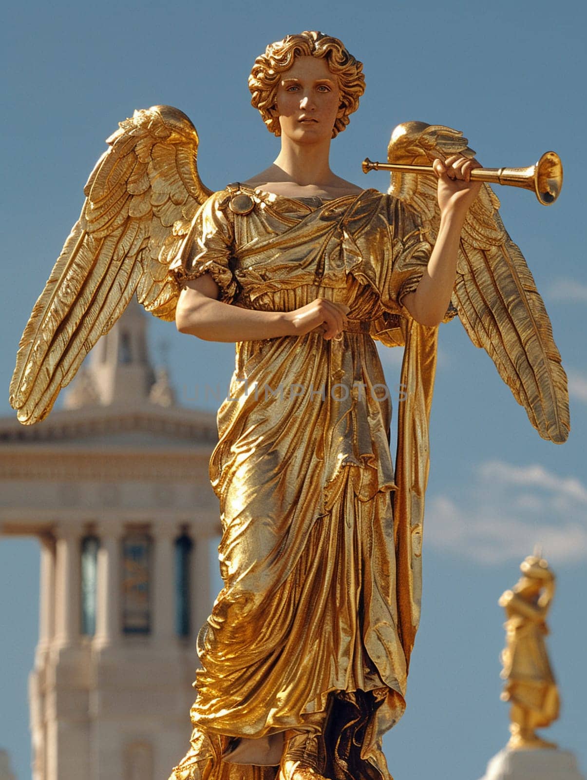 Mormon Angel Moroni Statue Trumpeting atop a Temple The figure blends with the sky by Benzoix