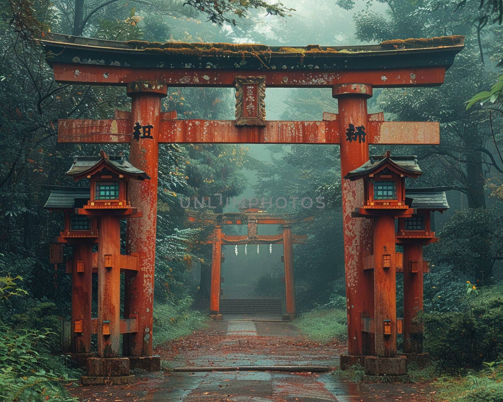 Shinto Shrine Torii Gate Framing a Peaceful Forest The traditional structure blends with nature by Benzoix