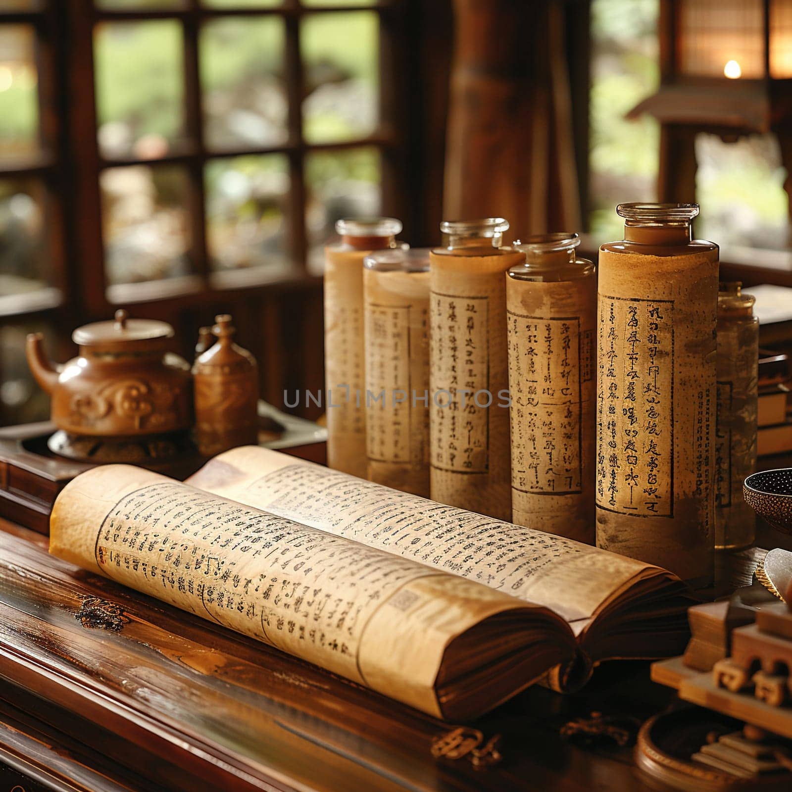 Confucian Scrolls Displayed in a Scholar's Study, The text blurs into paper, signifying wisdom and the pursuit of knowledge.